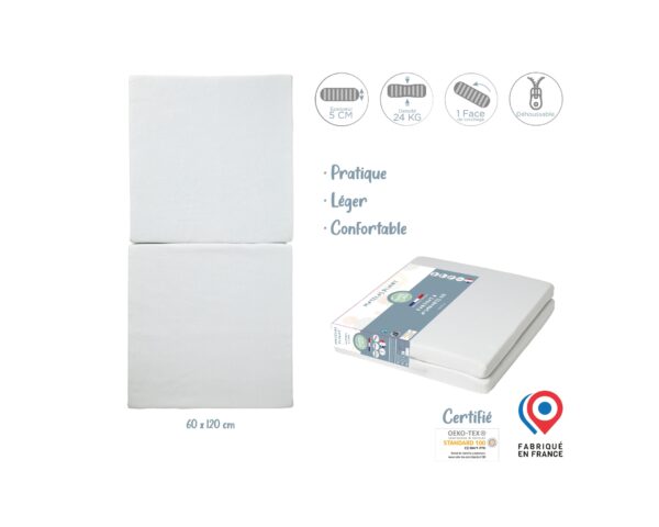 Matelas pliant déhoussable 60x120cm de BABYCALIN - Matelas 60x120cm - housse 100% polypropylène - Garnissage ouate 100% polyester (50% minimum de fibres issues du recyclage