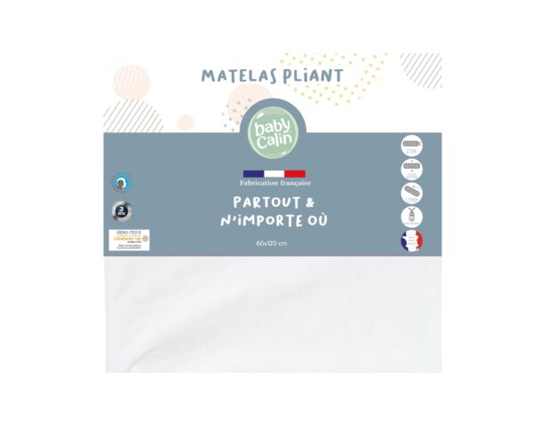 Matelas pliant déhoussable 60x120cm de BABYCALIN - Matelas 60x120cm - housse 100% polypropylène - Garnissage ouate 100% polyester (50% minimum de fibres issues du recyclage