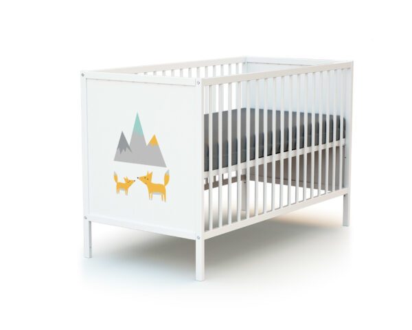 Lit bébé ALBA blanc motif Renard de WEBABY - Lits fixes 60x120cm - Hêtre massif et panneaux de fibres haute densité.