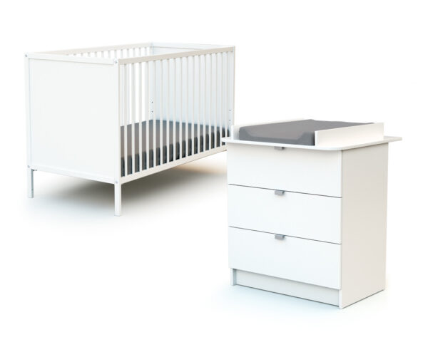 Duo lit bébé et commode à langer ALBA de WEBABY - Lits fixes 60x120cm - Panneaux de fibres haute densité laqués, panneaux de particules agglomérées mélaminés et hêtre massif.