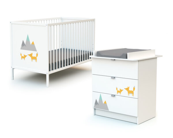 Duo lit bébé et commode à langer ALBA Renard de WEBABY - Les Bons plans AT4 - Panneaux de fibres haute densité laqués, panneaux de particules agglomérées mélaminés et hêtre massif.