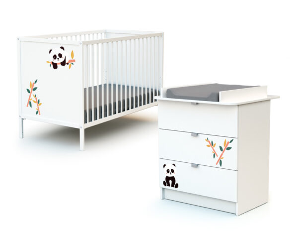 Duo lit bébé et commode à langer ALBA Panda de WEBABY - Les Bons plans AT4 - Panneaux de fibres haute densité laqués, panneaux de particules agglomérées mélaminés et hêtre massif.