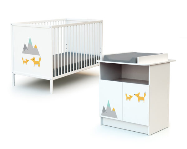 Duo lit bébé et meuble à langer ALBA Renard de WEBABY - Les Bons plans AT4 - Panneaux de fibres haute densité laqués, panneaux de particules agglomérées mélaminés et hêtre massif.