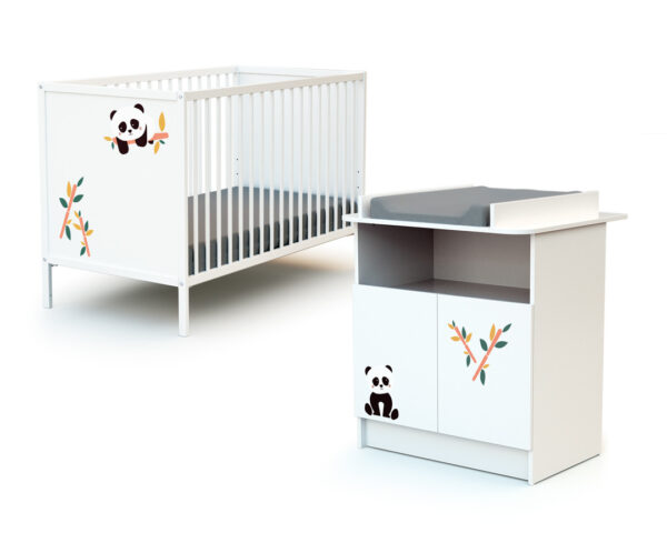 Duo lit bébé et meuble à langer ALBA Panda de WEBABY - Les Bons plans AT4 - Panneaux de fibres haute densité laqués, panneaux de particules agglomérées mélaminés et hêtre massif.