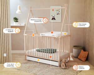 Pack lit bébé tipi WEBABY avec tiroir de lit, plan à langer, matelas et matelas à langer blanc et hêtre - Les Bons plans AT4