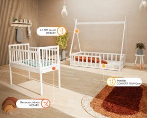 Pack lit tipi au sol KAÏA de WEBABY avec matelas et berceau-cododo universel WEBABY - Les Bons plans AT4