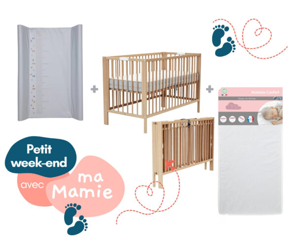 Ensemble lit pliant ESSENTIEL hêtre verni avec matelas et plan à langer amovible - Les Bons plans AT4 - Hêtre massif et panneaux de fibres haute densité.