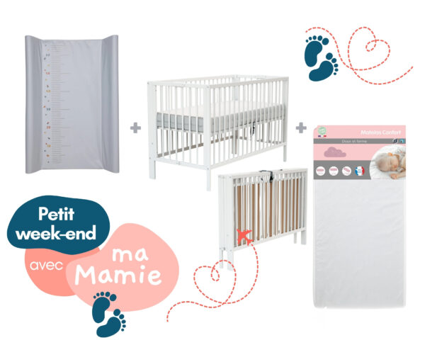 Ensemble lit pliant ESSENTIEL blanc avec matelas et plan à langer amovible - Les Bons plans AT4 - Hêtre massif et panneaux de fibres haute densité.