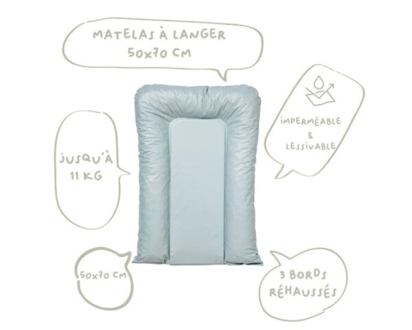 Matelas à langer ESSENTIEL Bleu Vert de BABYCALIN - Matelas à langer - Revêtement 100% PVC, garnissage 100% Polyether.