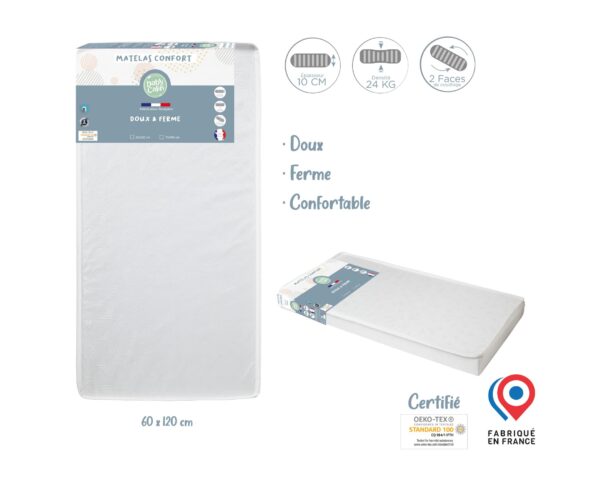 Matelas Confort 60×120 cm de BABYCALIN - Matelas 60x120cm - Housse 66% polyester – 34% coton - Garnissage ouate recyclée 100% polyester (50% minimum de fibres issues du recyclage)
