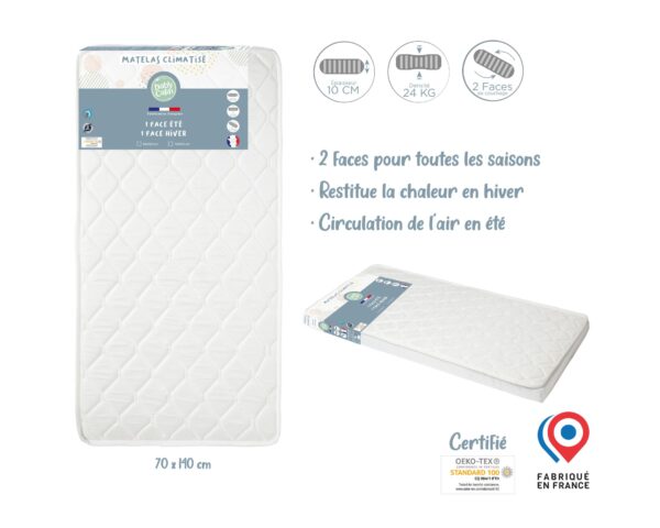 Matelas Thermo Régulant 70×140 cm de BABYCALIN - Matelas 70x140cm - Housse 76% polypropylène, 24% polyester, garnissage bloc de mousse polyéther.
