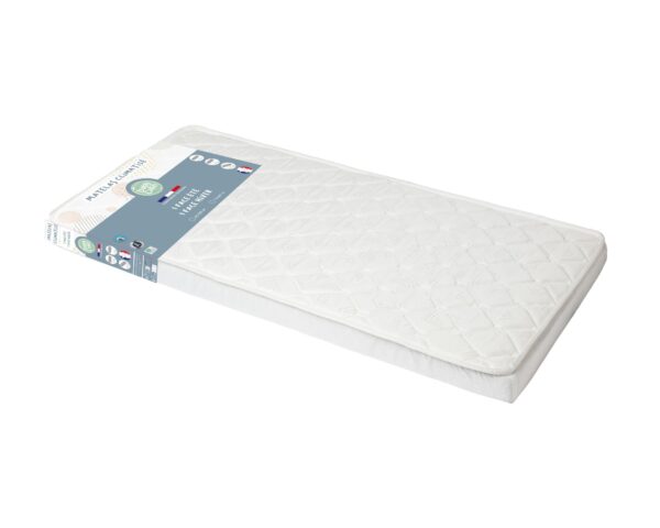 Matelas Thermo Régulant 70×140 cm de BABYCALIN - Matelas 70x140cm - Housse 76% polypropylène, 24% polyester, garnissage bloc de mousse polyéther.