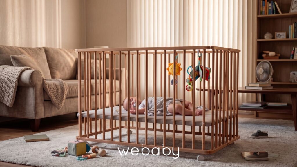 bébé fait la sieste bien au frais dans son parc en bois cali de webaby